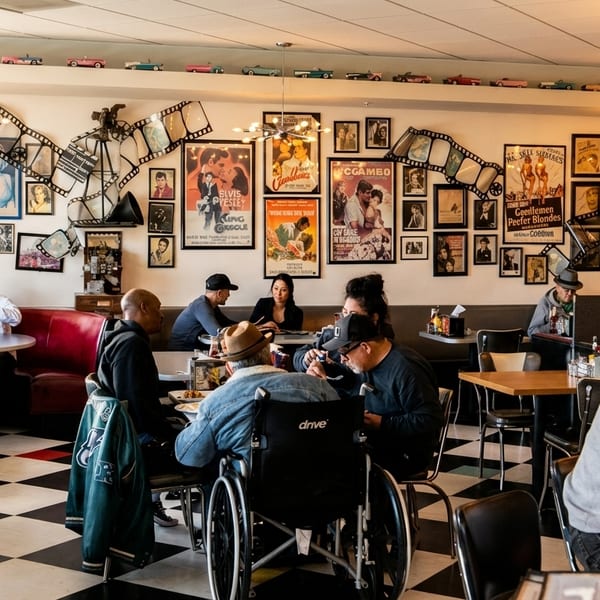 Diners eat in a retro-themed restaurant with movie posters, film reels, and model cars decorating the walls.