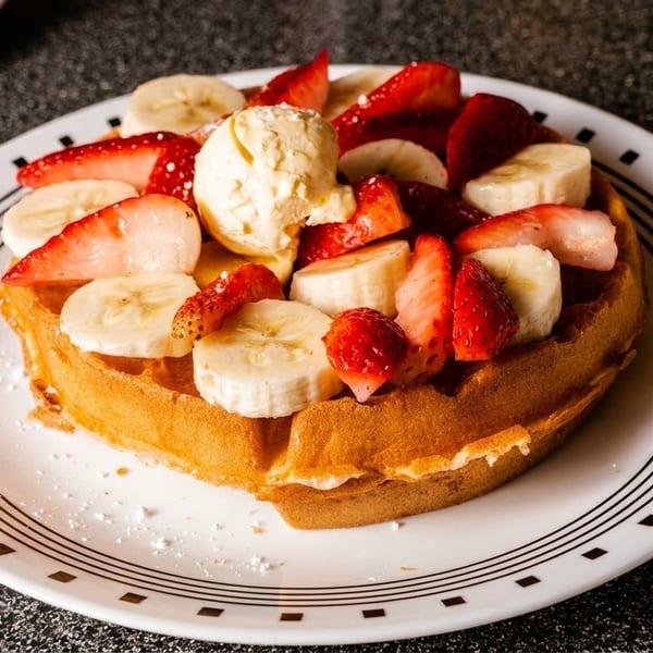 Golden waffle topped with sliced strawberries, bananas, and a scoop of vanilla ice cream.