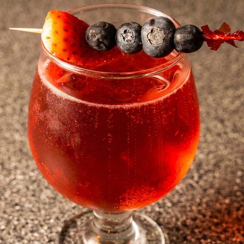 Red sparkling drink in a glass, garnished with a strawberry and blueberries on a skewer.