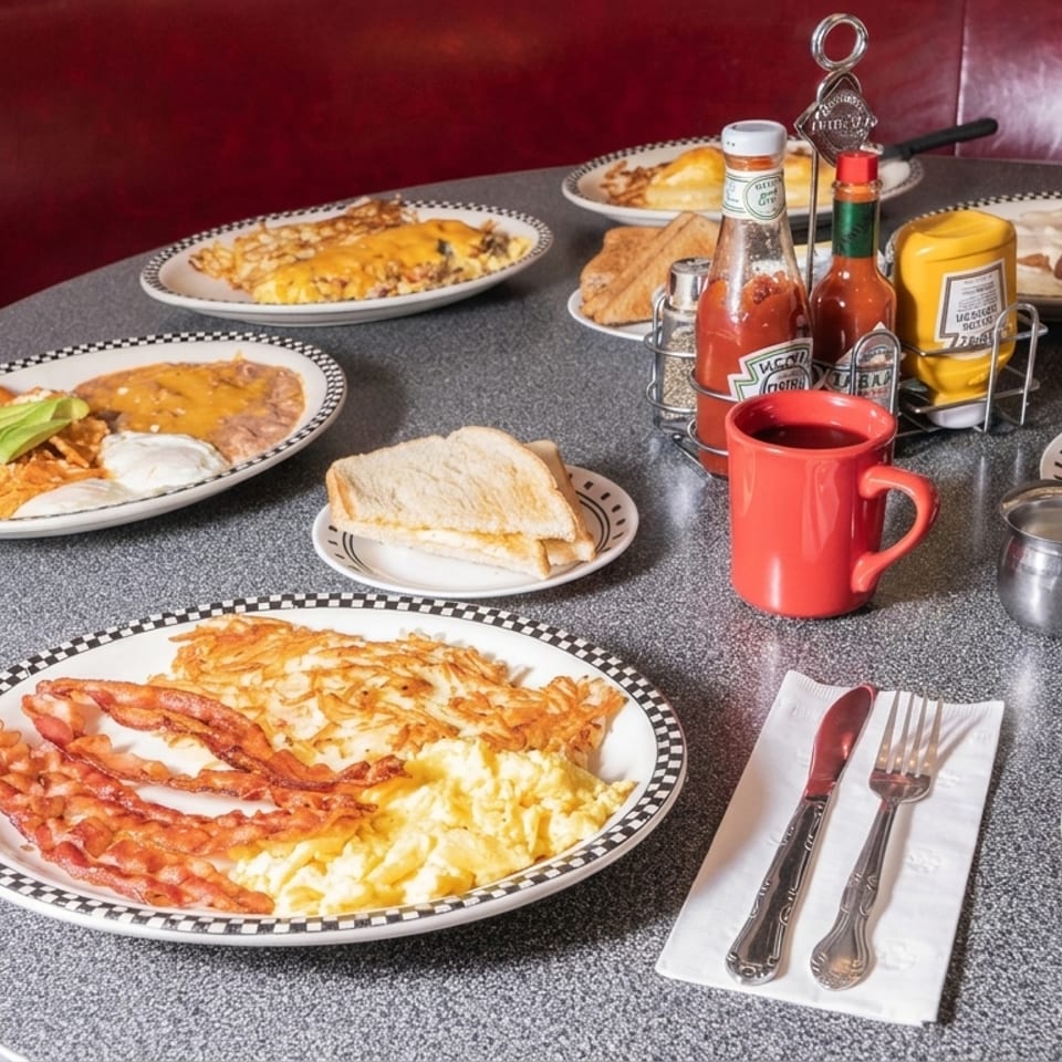 Diner table laden with multiple breakfast plates of eggs, bacon, hash browns, and toast.