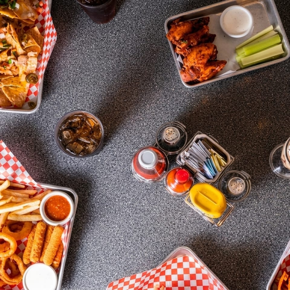 Overhead view of various diner foods: nachos, wings, fries, onion rings, burger, and sweet potato fries.