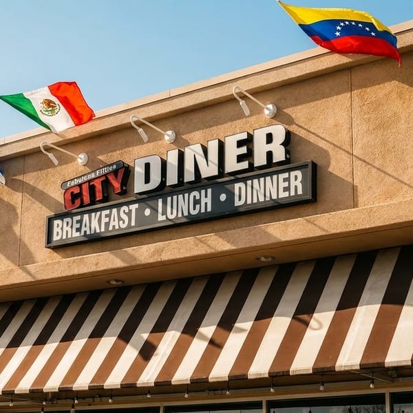 Exterior of City Diner with a brown striped awning and flags from various countries above the sign.
