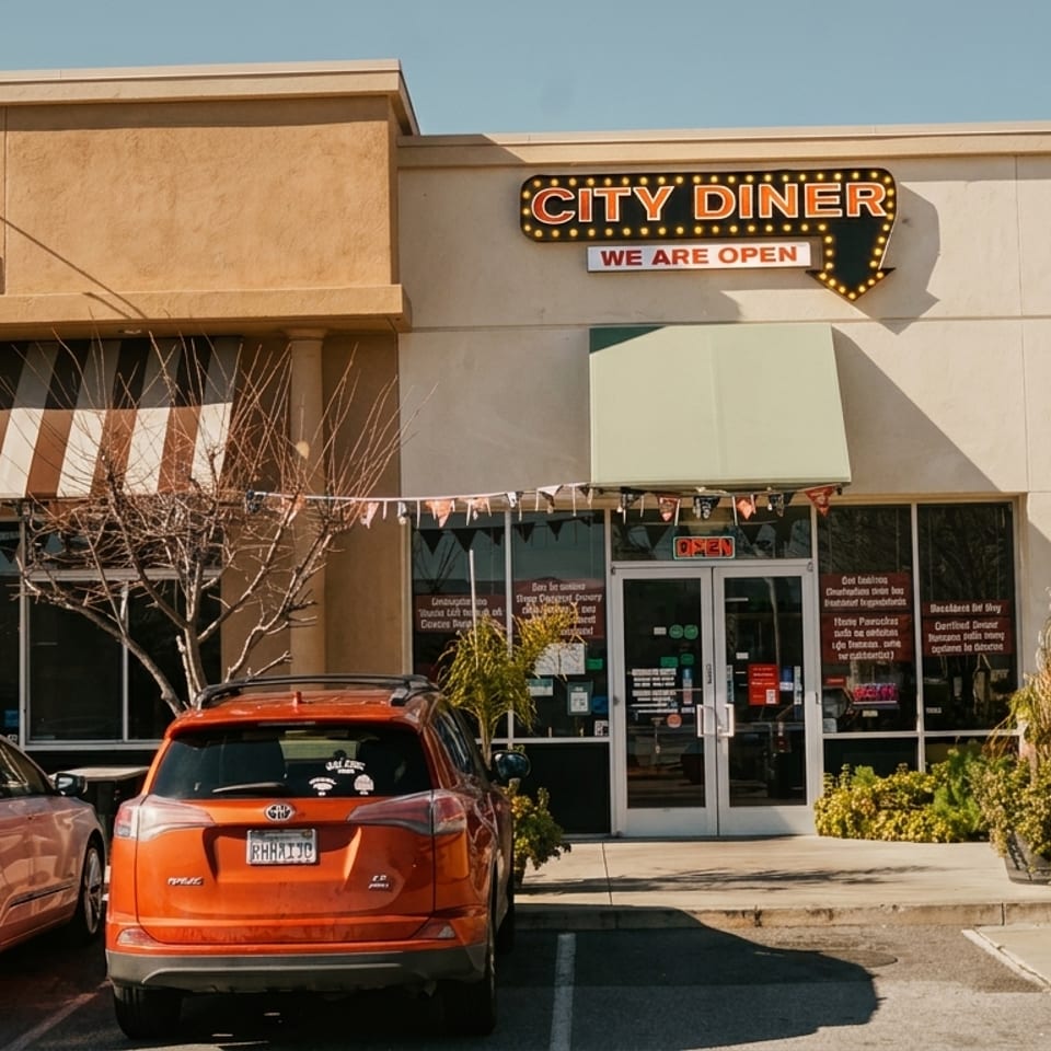 Exterior of City Diner with "We Are Open" sign, two cars parked in front, and clear sky.