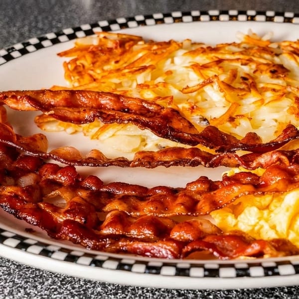 A breakfast plate with crispy bacon, fluffy scrambled eggs, and golden hash browns.