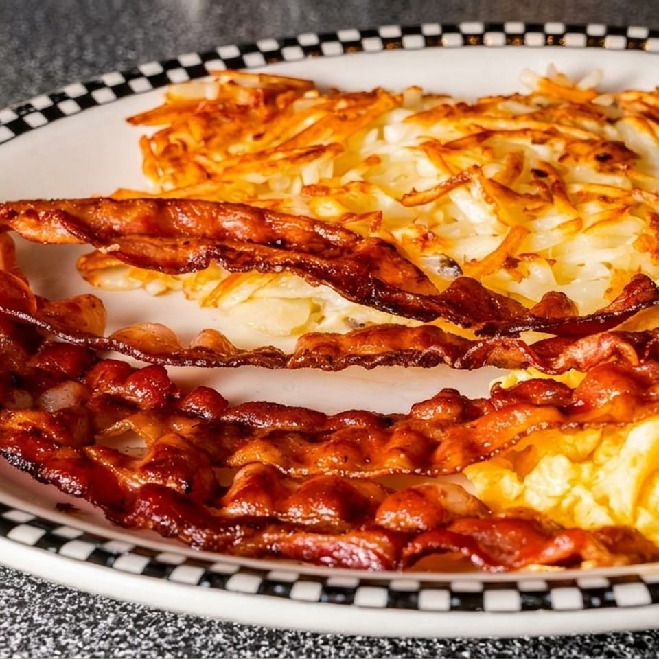 A breakfast plate with crispy bacon, fluffy scrambled eggs, and golden hash browns.