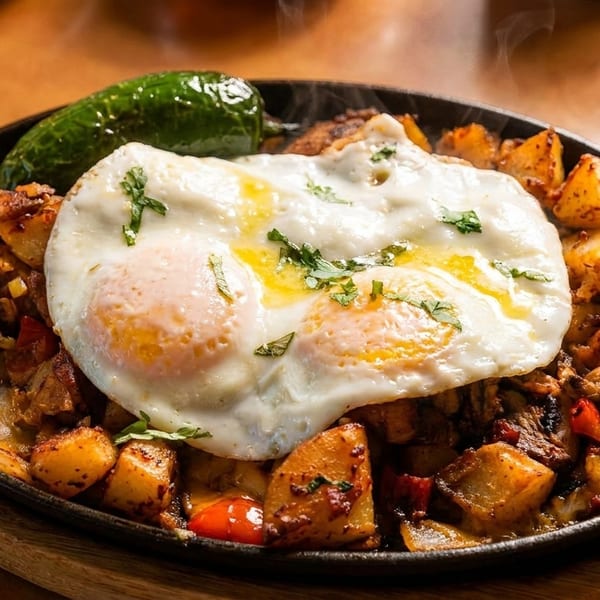 Sizzling skillet of breakfast potatoes, mushrooms, and peppers topped with two fried eggs and a green chili.