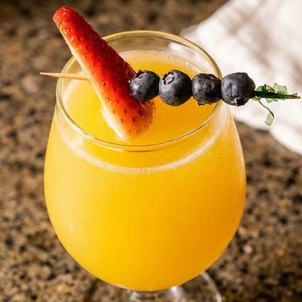 A mimosa cocktail garnished with a strawberry slice and blueberries on a skewer.