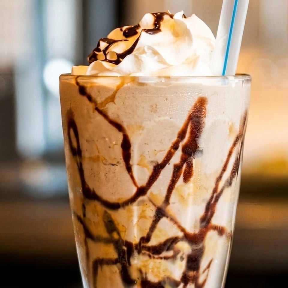A tall glass of milkshake with whipped cream, chocolate drizzle, and a blue-striped straw.