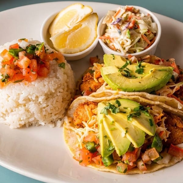 Two fish tacos with avocado, rice, coleslaw, and lemon wedges on a white plate.